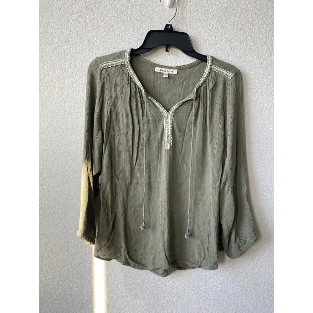 Black Rainn Womens Swiss Dot Boho Tassel Blouse Olive Green L